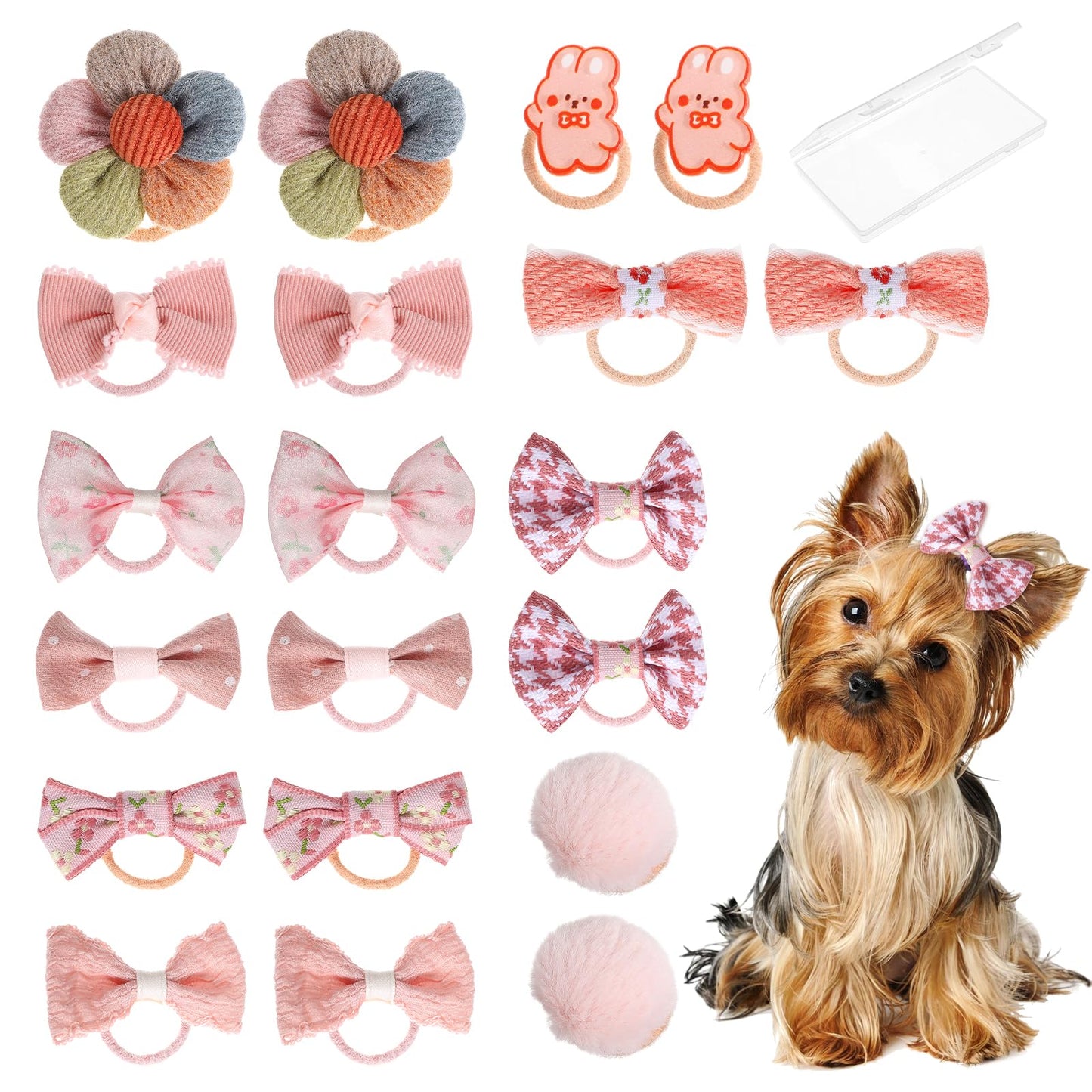 Lusofie 20 Pcs Cute Dog Hair Bows with Rubber Bands, Handmade Flower Ball Bowknots for Small Dogs, Yorkie, Maltese, Pet Grooming Accessories (Pink)