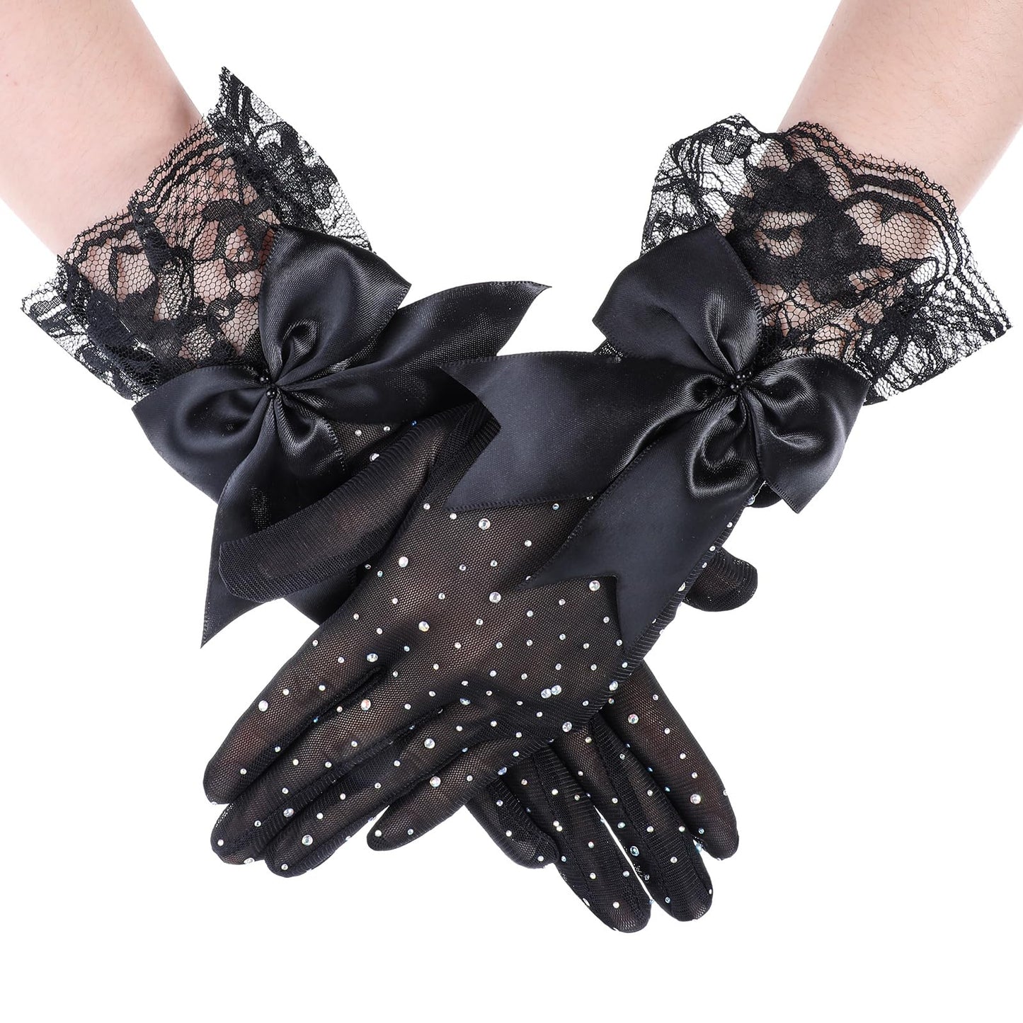 Black Lace Gloves Women Bow with Sparkling Rhinestone Opera Gloves Short Lace Mesh Gloves Vintage Tulle Tea Party Gloves Suitable For Halloween Dinner Party Dance Role Play