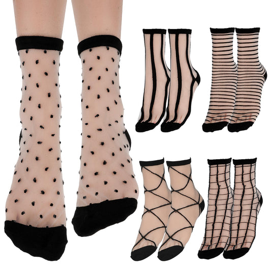 Lusofie 5 Pairs See Through Socks Checkered Dot Striped Plaid Sheer Black Socks Ankle Transparent Mesh Summer Socks for Women Thin Fashion (Style C)