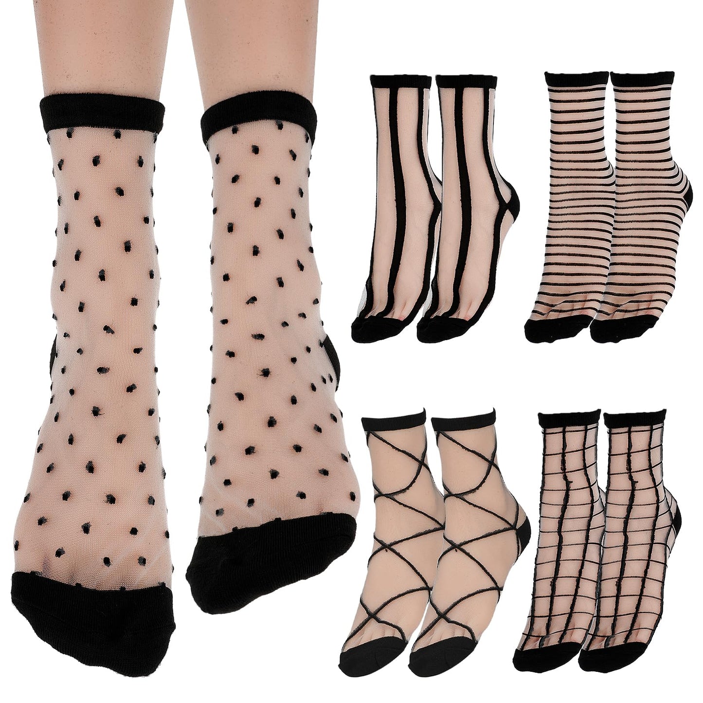 Lusofie 5 Pairs See Through Socks Checkered Dot Striped Plaid Sheer Black Socks Ankle Transparent Mesh Summer Socks for Women Thin Fashion (Style C)