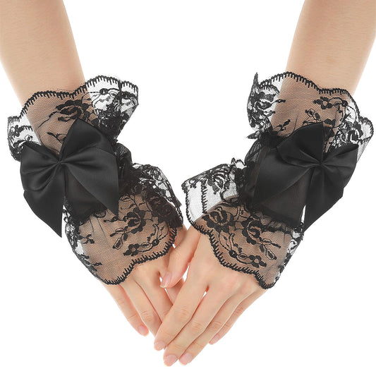 Yolev Women's Bow Lace Gloves, Black, 16cm/6.29inch, Soft & Lightweight, Fingerless, Daily Clothing Accessory, Versatile & Fashionable