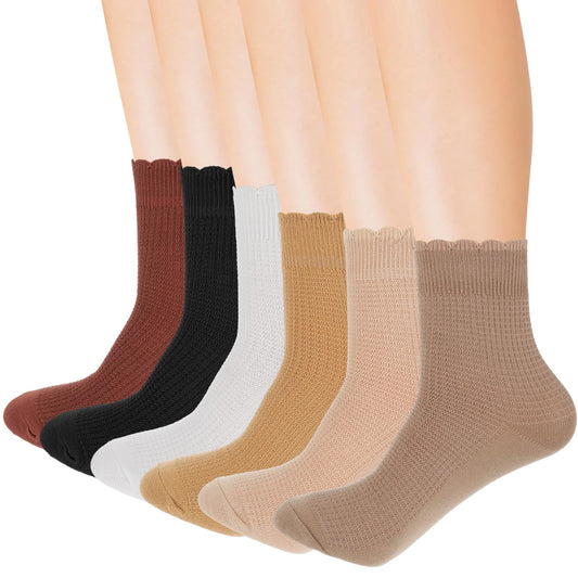 Yolev 6 Pairs Women's Crew Socks School Socks White Frilly Lace Top Bows Dance Shimmering Soft Soft Cotton Knit Lettuce Low Cut Frilly Crew Socks