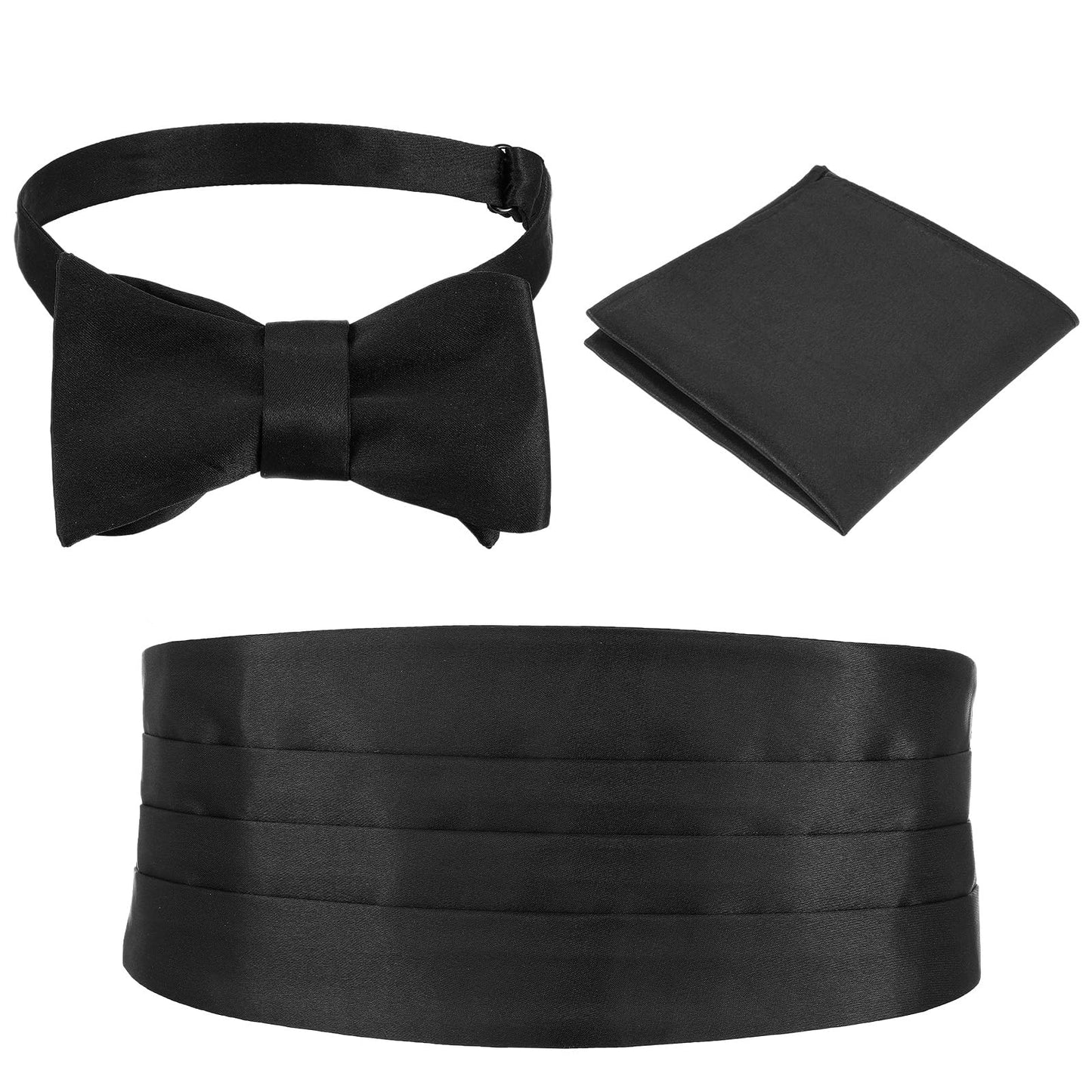 Black Cummerbund and Bow Tie Set Adjustable Satin Cumberbund with Pocket Squares Bow Ties for Men Solid Color Elegant Tuxedo 3-Pieces Set for Formal Events
