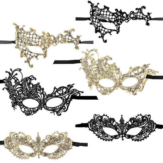 Lusofie 6Pcs Mask for Masquerade Party for Women, Black Gold Masquerade Mask Lace Eye Mask Mardi Gras Masks for Prom Carnival Halloween Ball Costume Party