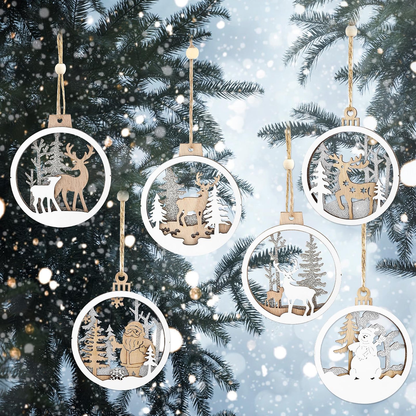 Lusofie 6Pcs Wooden Christmas Decorations Hanging Fretwork Wooden Christmas Ornaments Sliver White Reindeer Pendants for Christmas Tree Decorations Party DIY Crafts(Style B)