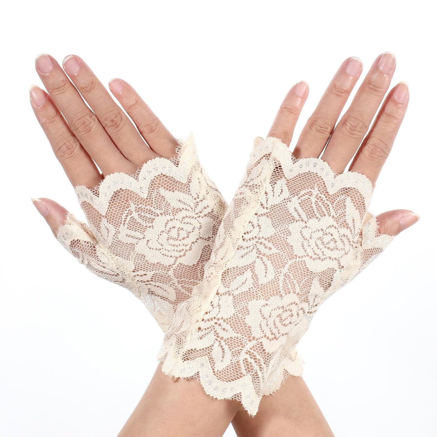 Short Fingerless Lace Gloves for Women Beige Sunblock Lace Floral Gloves for Women Wedding Bridal Opera Evening Tea Party Prom Cosplay(Beige)