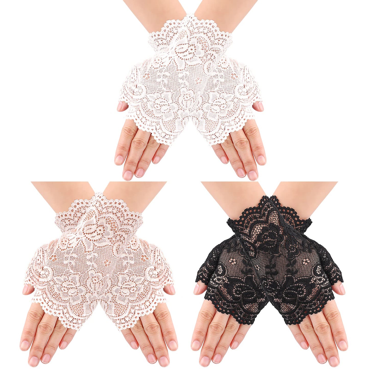 Yolev 3 Pairs Women's Short Lace Gloves Fingerless Floral Gloves Bridal Prom Gloves for Wedding Tea Party Costume Accessories