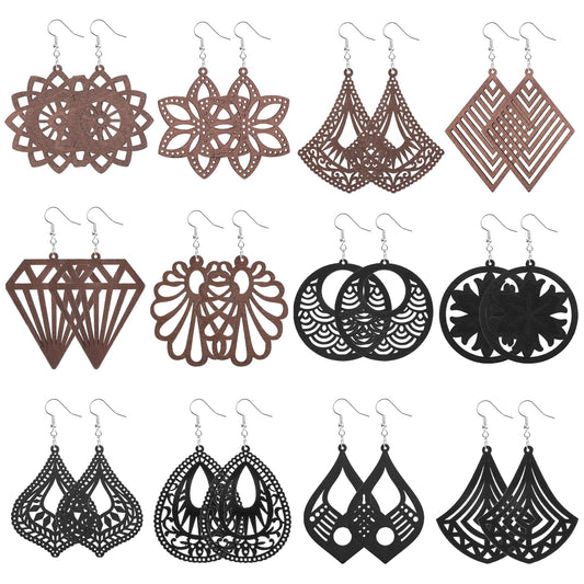 Yolev 12 Pairs African Wooden Dangle Earrings Lightweight Drop Earrings Bohemian Pendant Dangle Earrings Lightweight Ethnic Style Wood Earrings for Women Girl