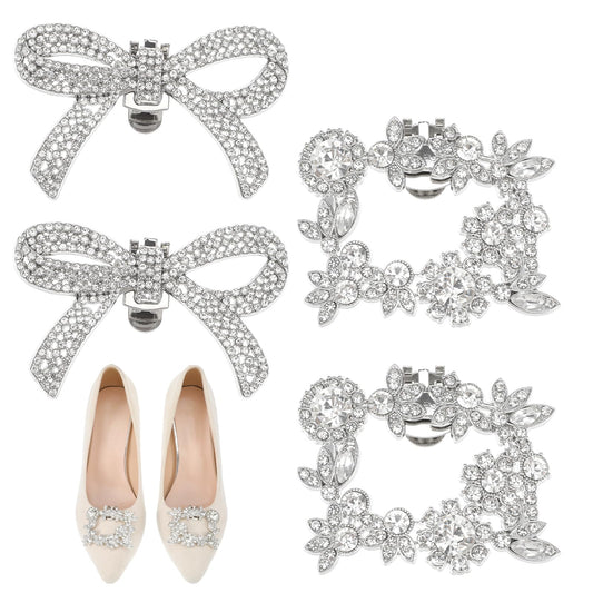 HaiFafafaing 4 PCS Rhinestone Shoe Clips,Crystal Square and Bow Shape Shoe Charms,Elegant Removable Decorative Shoes Clips for Women Dress Shoes,High Heels Accessories for Bridal Wedding Prom Party