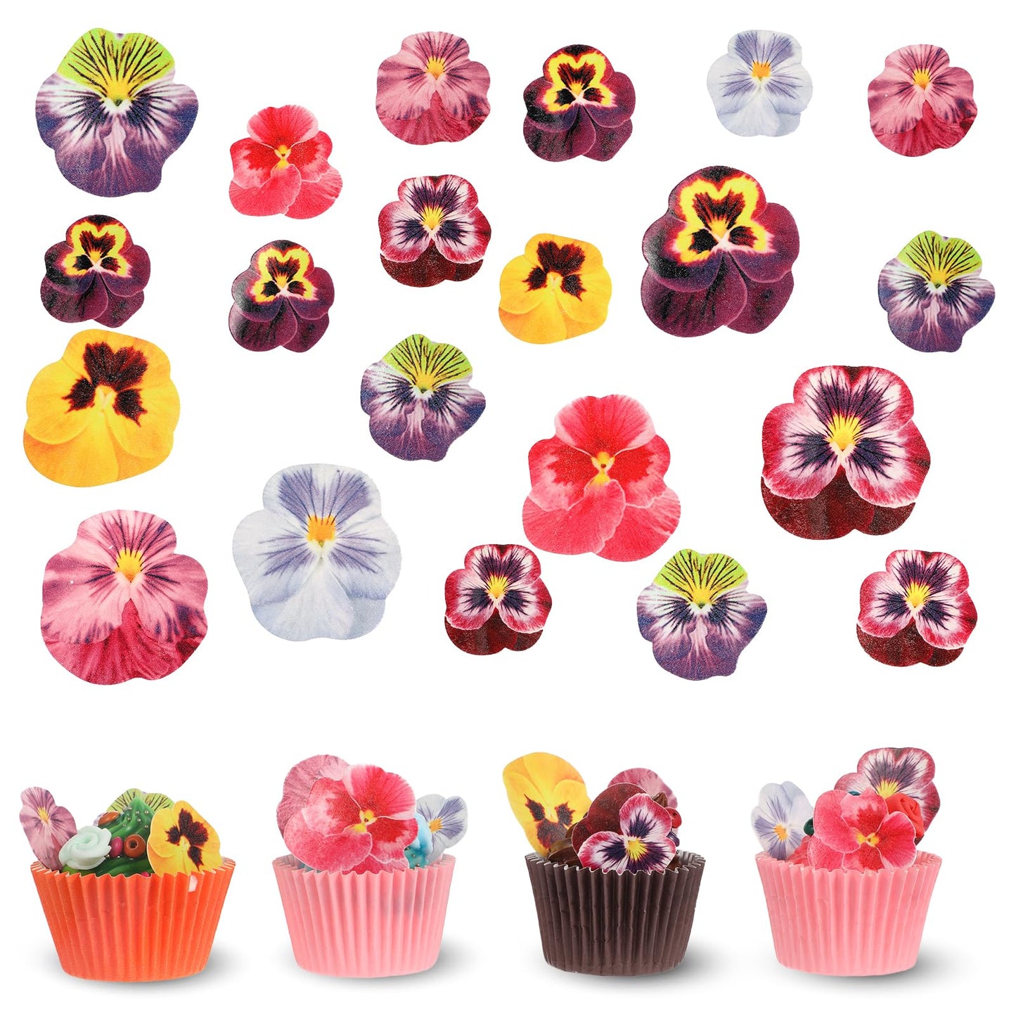 60Pcs Edible Flowers for Cakes Beautiful Pansies Flower Cupcake Toppers Edible Wafer Paper Flower Cake Toppers for Wedding Birthday Baby Shower Party Supplies