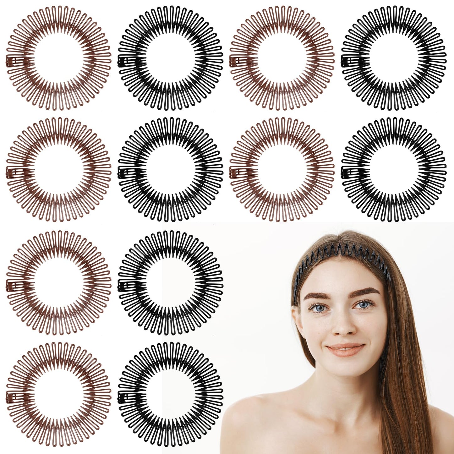Full Circular Stretch Comb 12 PCS Hair Accessories for Women Zigzag Headband Flexible Plastic Circle Comb 90s Hair Accessories Stretch Headbands for Women Girls