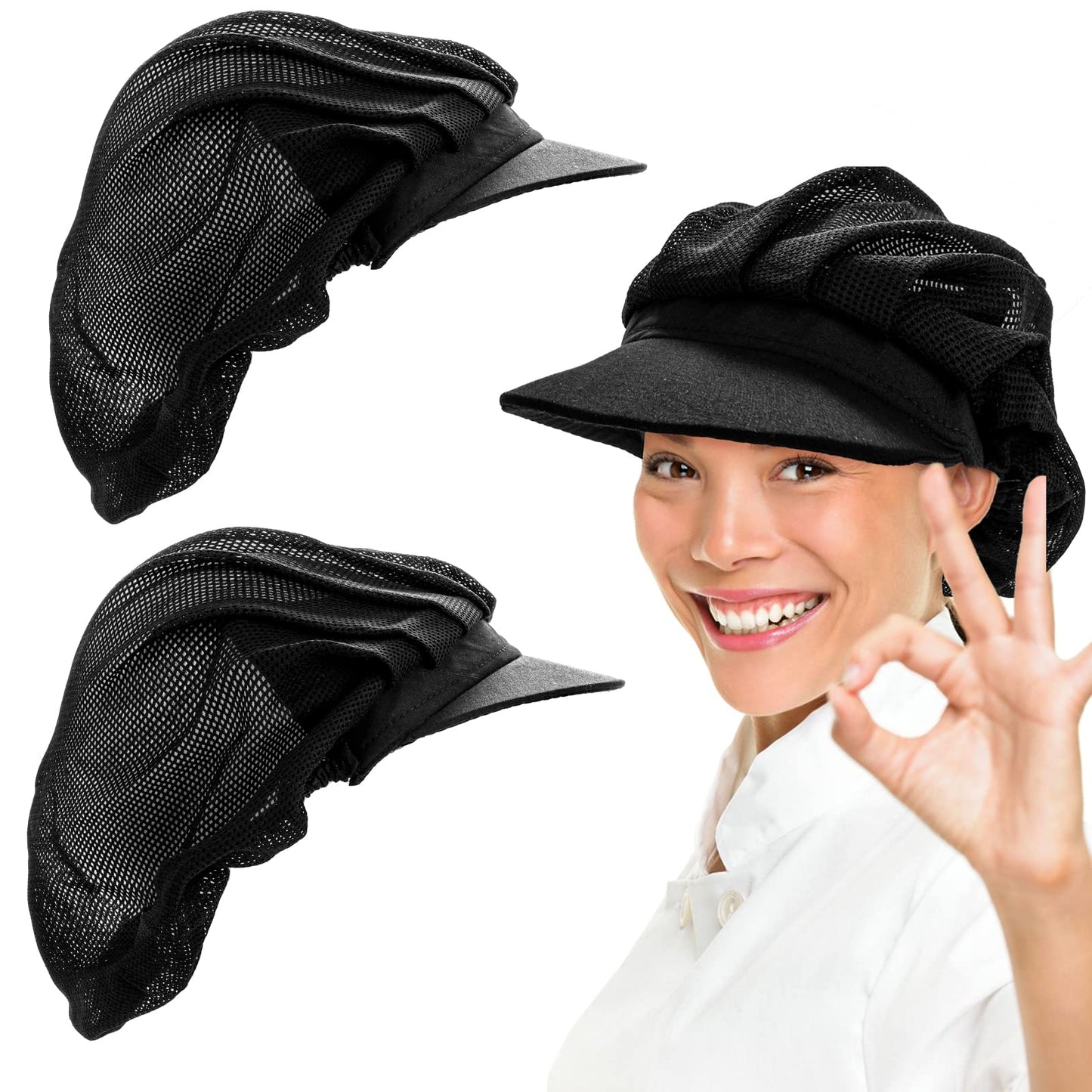 Lusofie 2Pcs Chef Hat Kitchen Baker Cooking Chef Cap Black Food Cotton Cap Restaurant Kitchen Workshop Hair Net Cooling Reusable Bouffant Adjustable Food