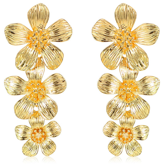 Gold Flower Earrings Bohemian Daisy Double Flower Earrings for Women Gold Floral Petal Drop Dangle Earring Gold Statement Earrings for Women Boho Jewelry Gift