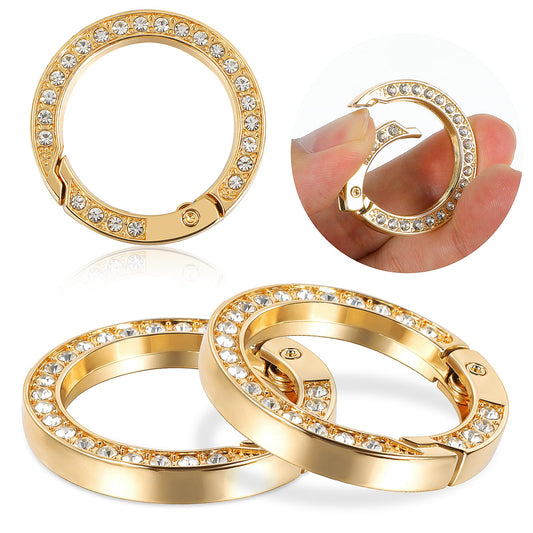Telooco Rhinestone Spring O Rings 4Pcs Bling Round Carabiner Clip 1" 25mm Diamond Buckle for DIY Crafts Keyring Strap Making, Gold, One size