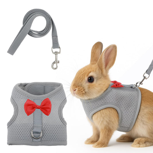 Bunny Harness and Leash Set,Soft Breathable Mesh Rabbit Harness with Cute Bow,Gray Leash with Metal Buckles,Escape Proof Cat Harnes for Rabbits, Kittens, Ferrets, Guinea Pigs,Pet Walking Gear