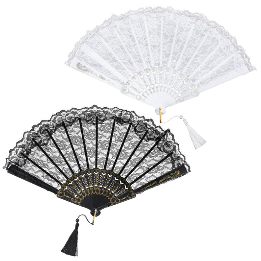 Gemoioio 1920s Vintage Lace Fan for Wedding - Art Deco Floral Hand Fan with Gold Glitter & Tassels, Elegant Tea Party Accessory, Great Gatsby Cosprop Costume Prop（2pcs）