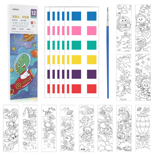 Lusofie Pocket Watercolor Painting Book Kids Watercolor Bookmarks to Paint 12 Pages Mini Coloring Books 3-8 Years Paint with Water Books for Kids Travel Party Favors(Astronaut)