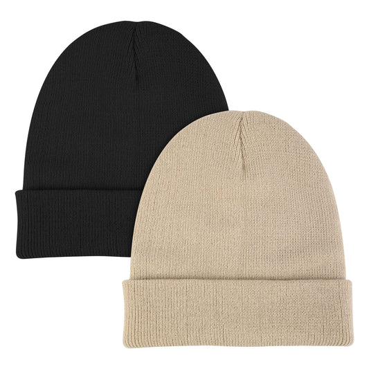 Lusofie 2 Pack Mens Beanie Hat Knit Winter Hat Beige Black Beanies Classic Cuffed Skull Cap for Men Women