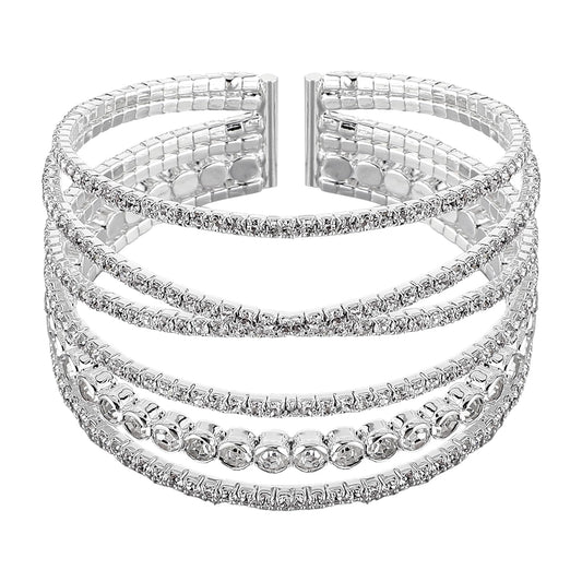 Telooco MultiLayer Rhinestone Bracelet for Women Silver Arm Cuff Bracelet Crystal Layered Strand Bridal Bracelets for Wedding Dating Bachelor Party