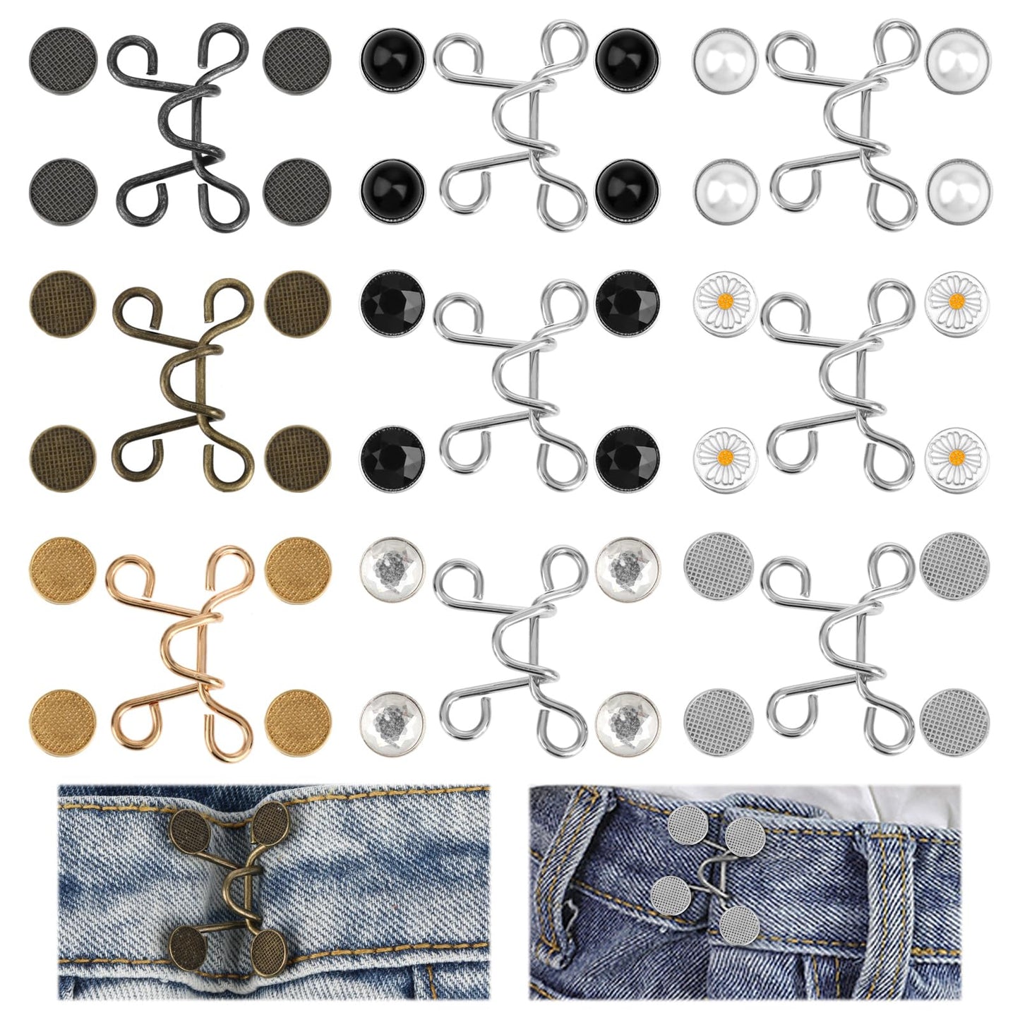 9 Sets of Pant Waist Tightener Adjustable Waist Buckle Extender Set Reusable Jean Clips Pin for Loose Jeans Dress Fit Instant Button