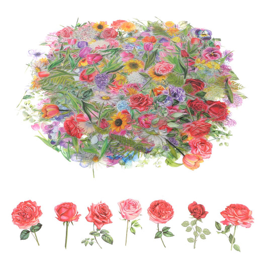 Lusofie 600 Pcs Transparent Flower Stickers Vintage Floral Stickers PET Pressed Flower Stickers Flower Stickers for Scrapbooking Journaling Colorful Watercolor Stickers