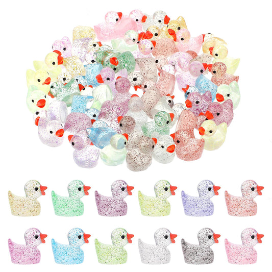 60Pcs Mini Resin Ducks Glitter Tiny Ducks 12 Colors Cute Little Plastic Ducks Ornament Miniature Ducks for Hiding DIY Garden Dollhouse Landscape Decor