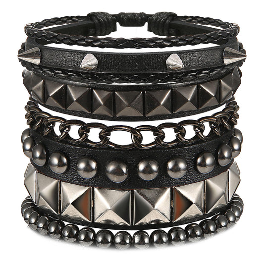 Yolev 4 Pcs Punk Leather Bracelet Hematite Black Braided Leather Bracelets Set Black for Men Women Adjustable Spike Metal Cuff Bangle Length Woven Leather Bracelet