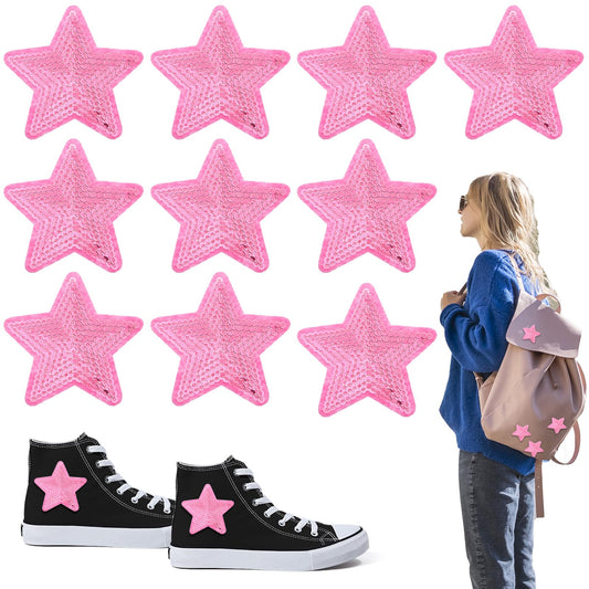 10 Pcs Star Iron On Patches 3 Inch Shiny Applique Embroidered Patches Sequin Star Sew on Patches for Clothing Hats Backpacks Costume Shoes(Pink)