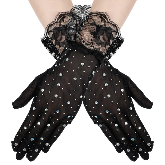 Lusofie Lace Gloves for Women with Glitter Rhinestones 1920s Elegant Opera Gloves Short Mesh Gloves for Wedding Dinner Tea Party Cosplay(Black)