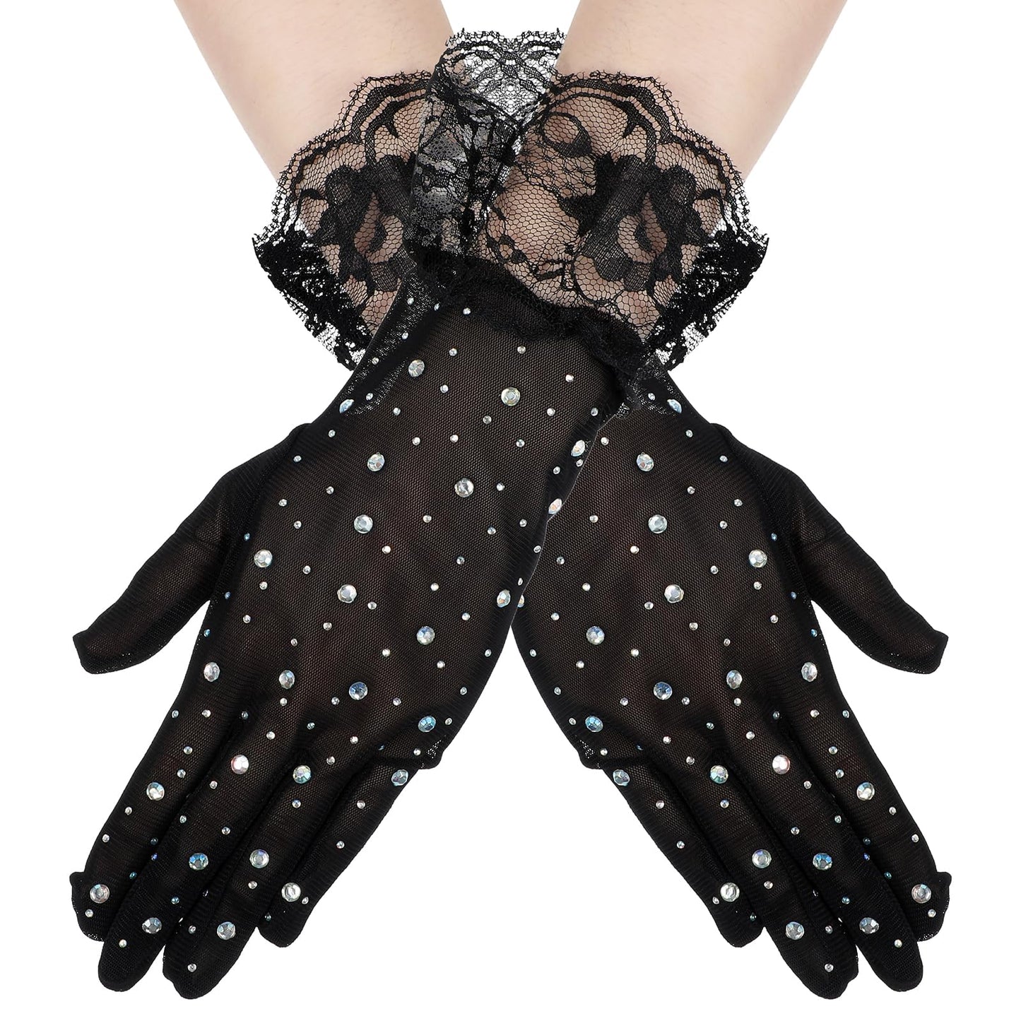 Lusofie Lace Gloves for Women with Glitter Rhinestones 1920s Elegant Opera Gloves Short Mesh Gloves for Wedding Dinner Tea Party Cosplay(Black)