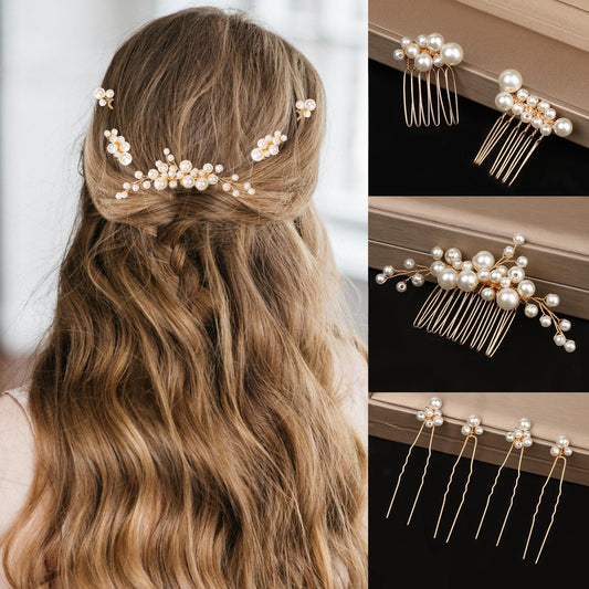 7 Pcs Pearl Hair Comb Gold Pearl Hair Pins Set Pearl Pins for Hair, Bridal Wedding Hair Comb Pearl Hair Accessories for Brides Bridesmaids Women Girls(Gold)