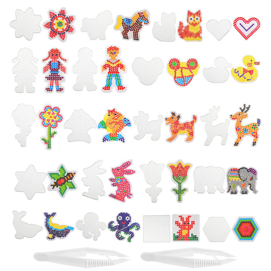 Telooco 20Pcs Beads Boards 5mm Clear Animal Shape Pegboards Plastic Bead Boards Craft Tray with 20 Pattern Template Paper Cards for Ironing Bead DIY Supplies Comes with 2 Tweezers