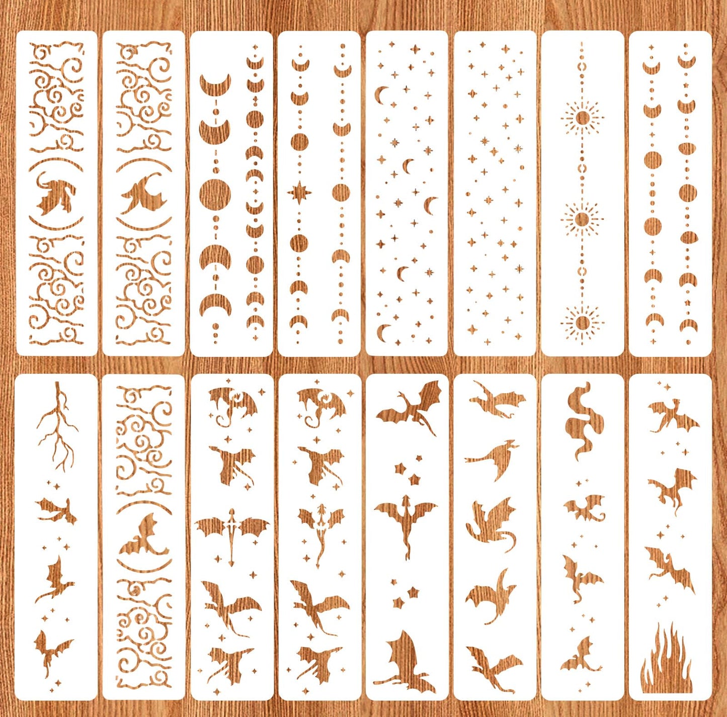 16 Pcs Dragon Stencil - 11 × 3 Inch Reusable Star and Moon Stencil - Border Stencils for Wood Burning, Book Edge, Canvas, Wood, Furniture, Wall, Craft, Art Deco