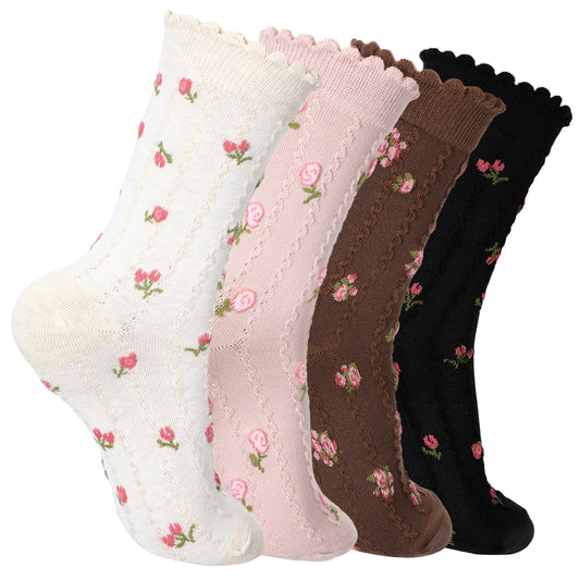 Fiyooau 4 Pairs Cute Crew Socks for Women, Ruffle Floral Socks, Casual Cotton Sock Coquette Lettuce Sock, Size 5-7