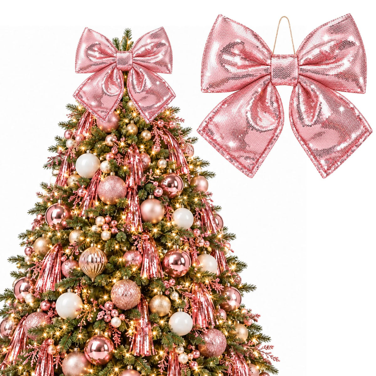 Sequin Christmas Tree Topper Bow, 11 x 10 Inch Width Large Pink Bow