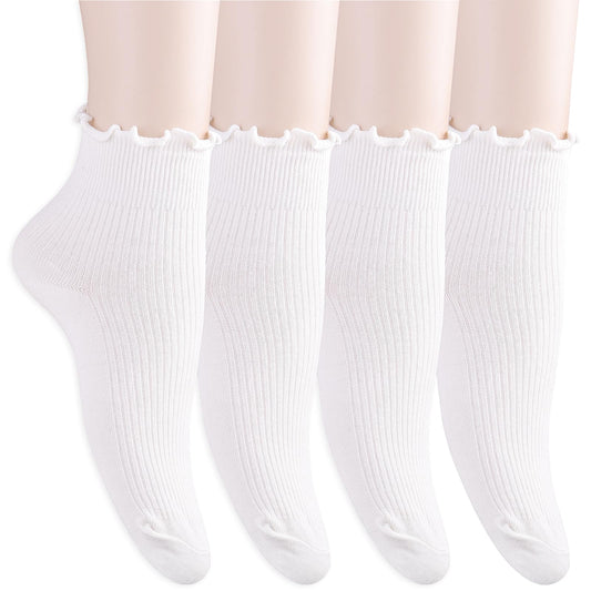 Yolev 4 Pairs frilly socks Cute Ruffle Ankle Socks for Women Cotton Girls White School Socks White Frilly Lace Top Bows Dance Shimmering Soft Soft Cotton Knit Lettuce Low Cut Frilly Crew Socks