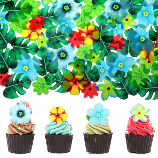 88pcs Tropical Turtle Back Cupcake Decoration, Edible Wafer Paper Palm Tree Cake Topper Colorful Flowers Hawaiian Cake Decorations for Birthday Party Cake Decorations Supplies