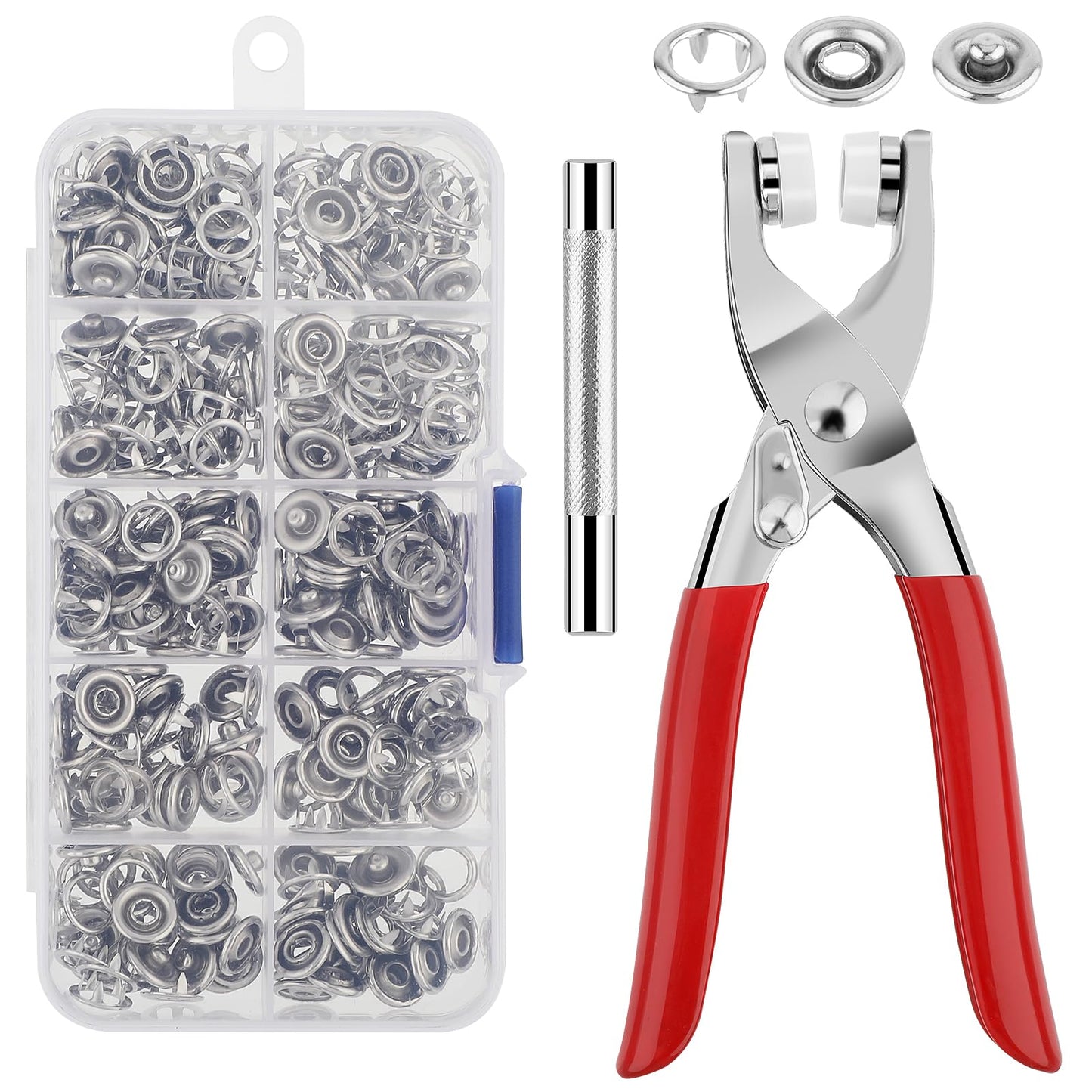 Yolev 100pcs Metal Snaps Buttons with Fastener Pliers Press Tool Kit, Press Studs Snap Fasteners No Sewing Tool Set Metal Ring Button Poppers for Clothing Crafting Sewing Leather Snaps Buttons