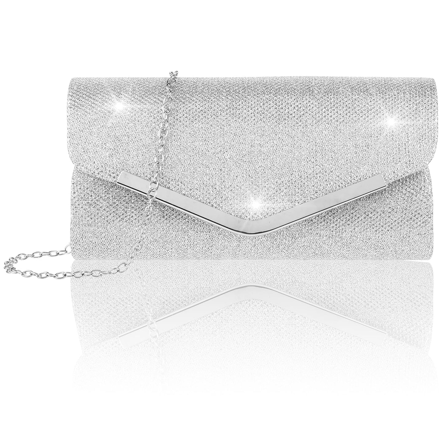 Women's Clutches Shiny Silver Clutch Bags for Women Wedding Evening Bag with Detachable Chain Strap Sequins Elegant Envelope Handbag Glitter Cross Body Shoulder Bag for Ladies Bridal Prom Party Dinner