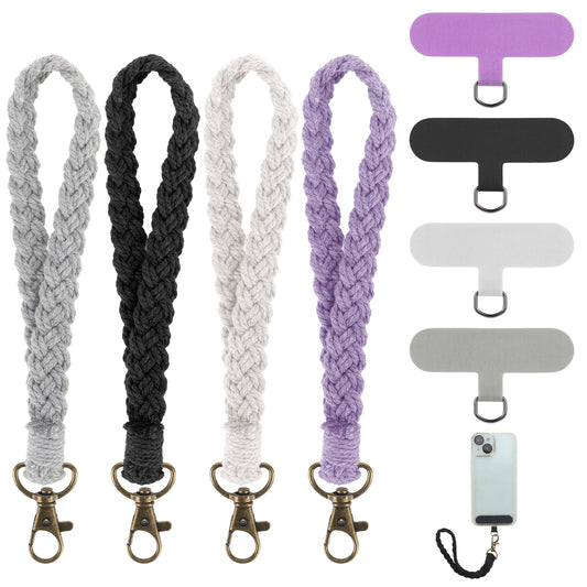 Tucnoeu 4pcs Phone Wristlet Handmade Wrist Strap Lanyard with 4pcs Phone Tether Tabs,4 Color Boho Macrame Phone Wrist Strap Women Men Wrist Lanyard for Keys