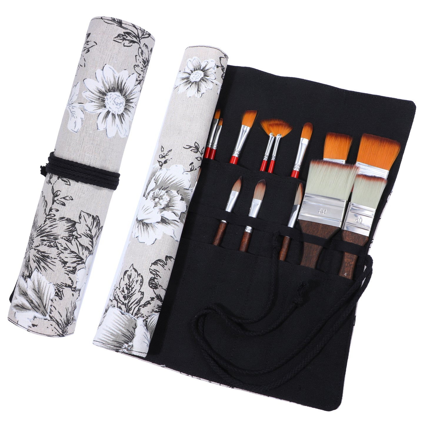 Yolev Paint Brush Holder Storage 20 Slots Paintbrush Holder Peony Art Brush Roll Canvas Pouch Roll Up Brush Bag Case Protect Acrylic Oil Watercolor