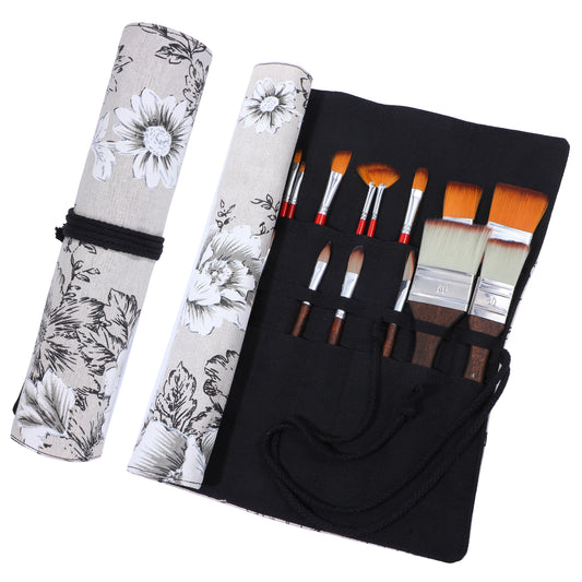 Yolev Paint Brush Holder Storage 20 Slots Paintbrush Holder Peony Art Brush Roll Canvas Pouch Roll Up Brush Bag Case Protect Acrylic Oil Watercolor