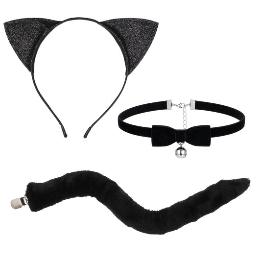 Cat Ears Headband and Tail Bell Collar Set Black Cat Costume Halloween Part