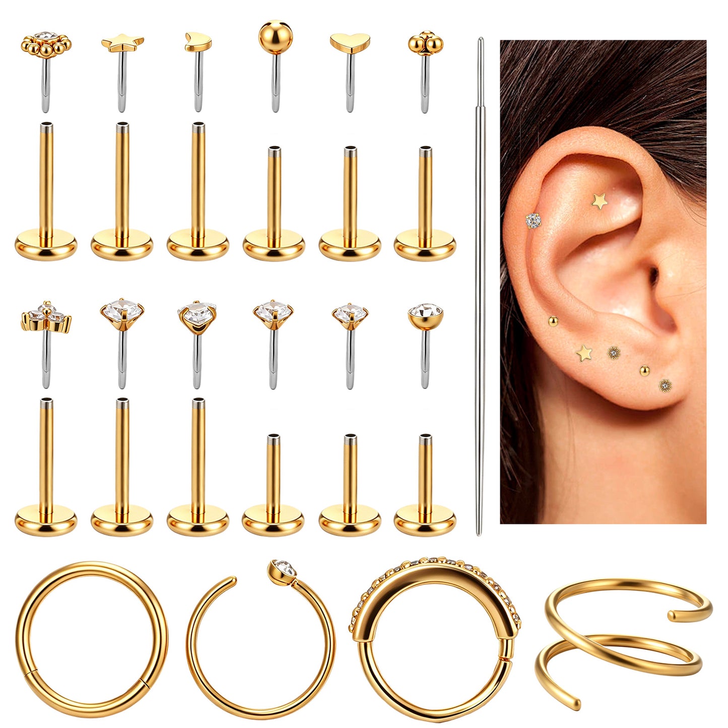 14K Gold Plated Threadless Nose Stud, 17Pcs Push in Flat Back Studs Nose Ring Hoops, Stainless Steel CZ Helix Tragus Cartilage Helix Conch Piercing Jewelry foe Women(0.8MM/20G)