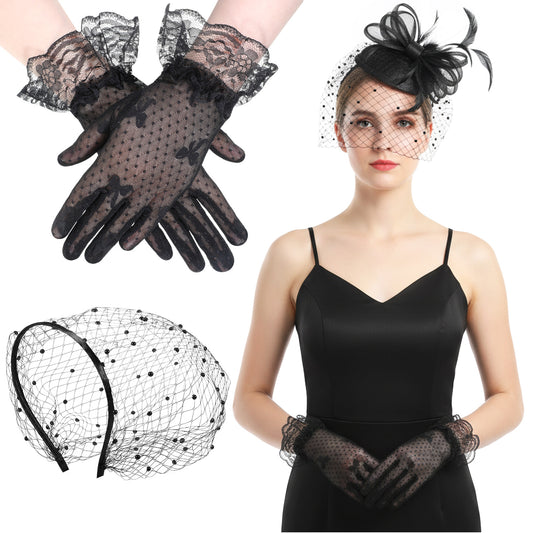 Gemoioio Birdcage Veil, Black Mesh Face Veils, Veil Headband with Black Lace Gloves for Women Funeral Wedding Cocktail Birthday Tea Party
