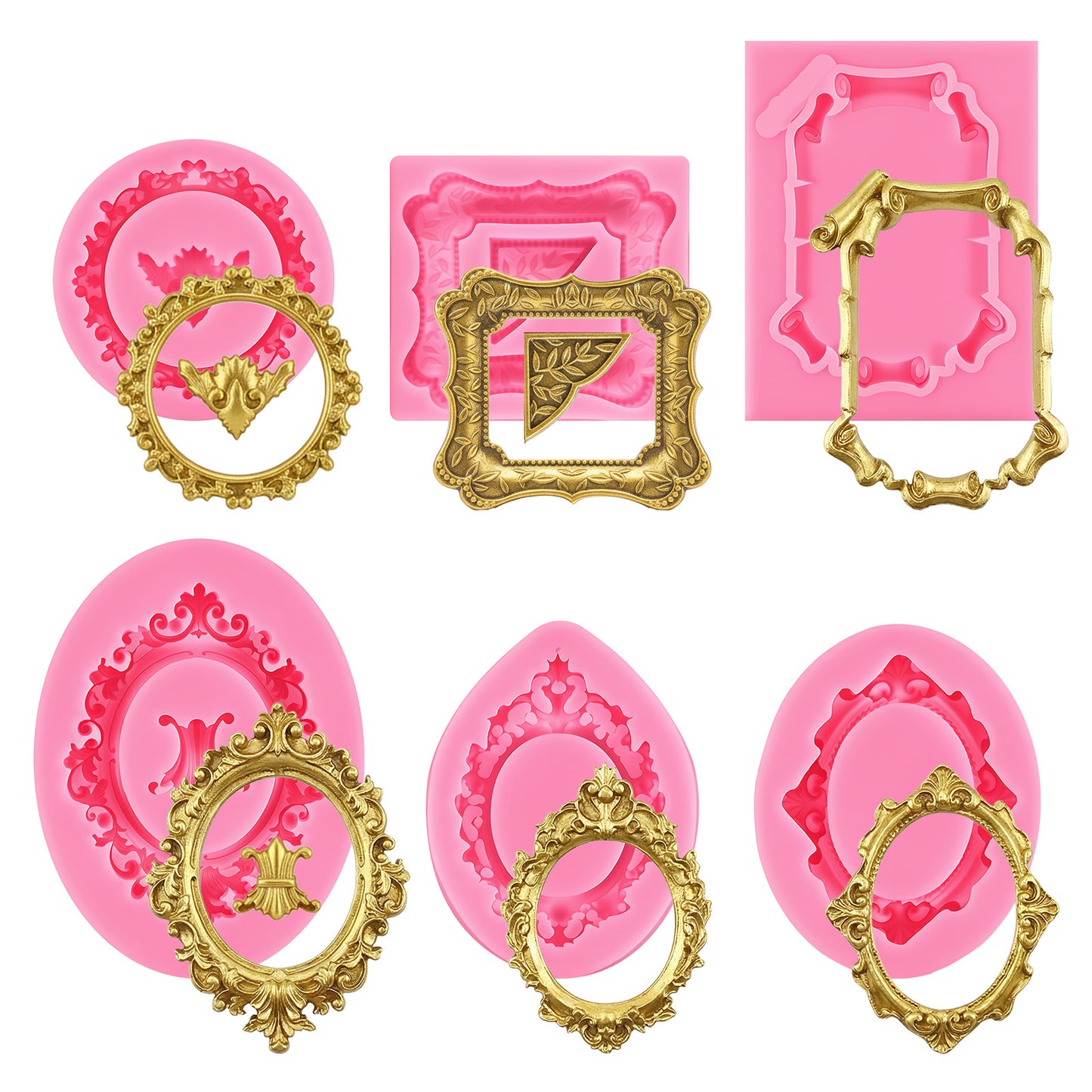 6PCS Frame Mold, Baroque Style 3D Photo Frames Fondant Molds, Silicone Frame Mold, for Making Cupcakes, Chocolates, Sugar Art, and Clay Crafts (6 Shapes)