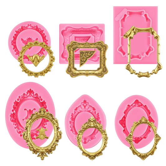 6PCS Frame Mold, Baroque Style 3D Photo Frames Fondant Molds, Silicone Frame Mold, for Making Cupcakes, Chocolates, Sugar Art, and Clay Crafts (6 Shapes)