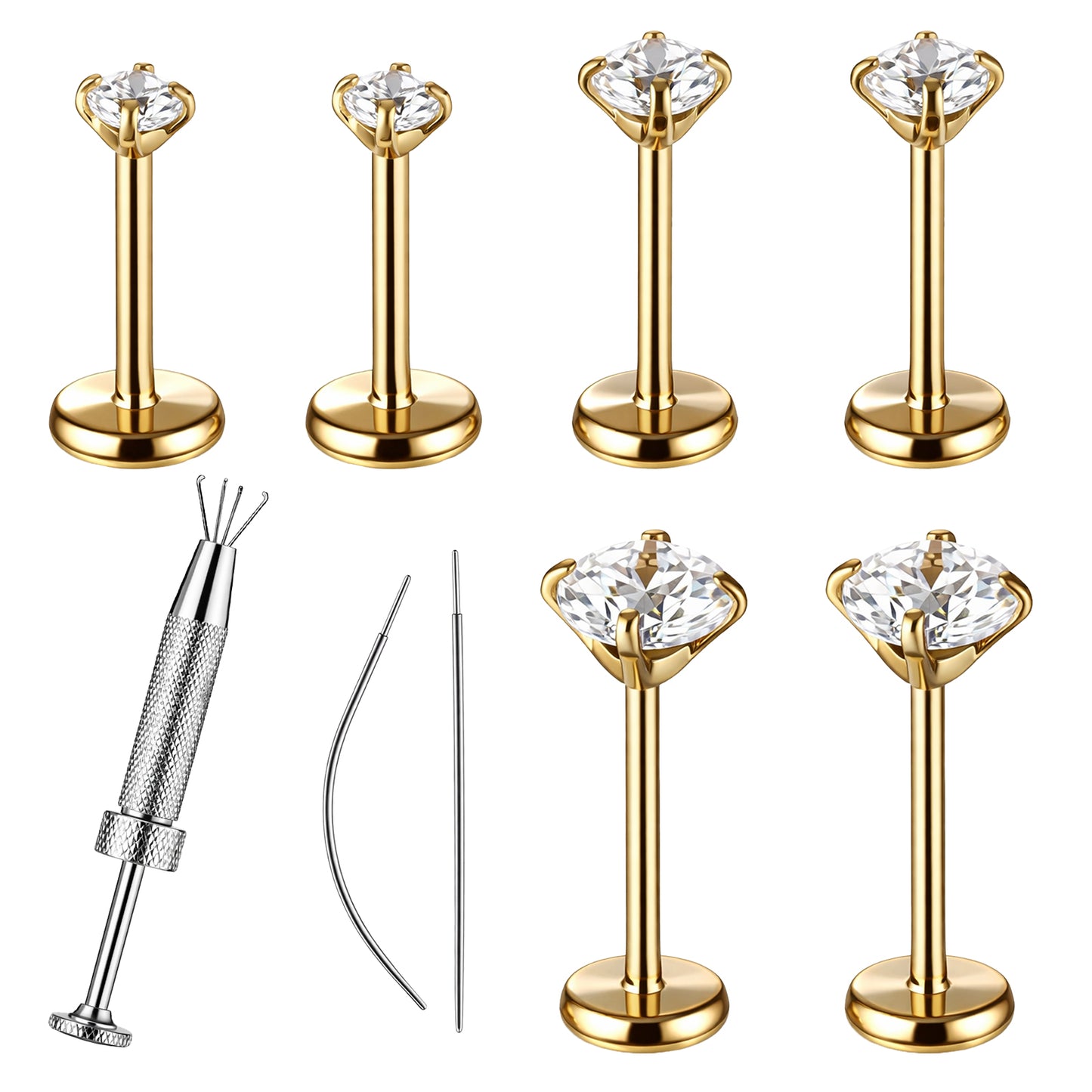 Tucnoeu Flat Back Stud Earrings, Cartilage Earrings for Women Men, Threadless Flat Back Earring for Ear Cartilage Nose Piercing Jewelry, Stainless Steel Earring Applicator Tool