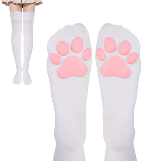 Cat Paw Socks for Women Black Cute Thigh High Socks Kawaii Soft 3D Cat Sock Toe Beans Knee High Sock for Cosplay Halloween Party and Daily Lives (Large)
