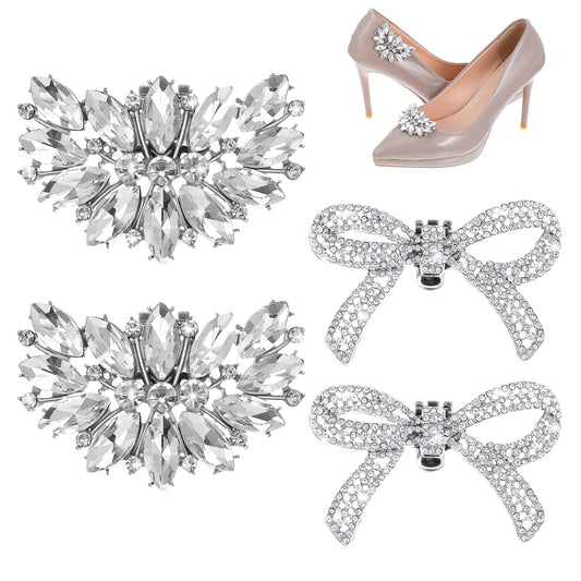 HekouJiub 4Pcs Shoe Clips Elegant Crystal Rhinestone Shoe Decoration Detachable Bow Heel Clips for Women Wedding Party High Heels Accessories